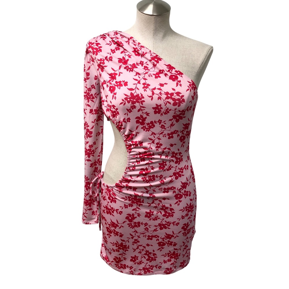 Lovers and Friends Mini Dress Women S Pink Floral 1 Shoulder Side Cutout Ruched